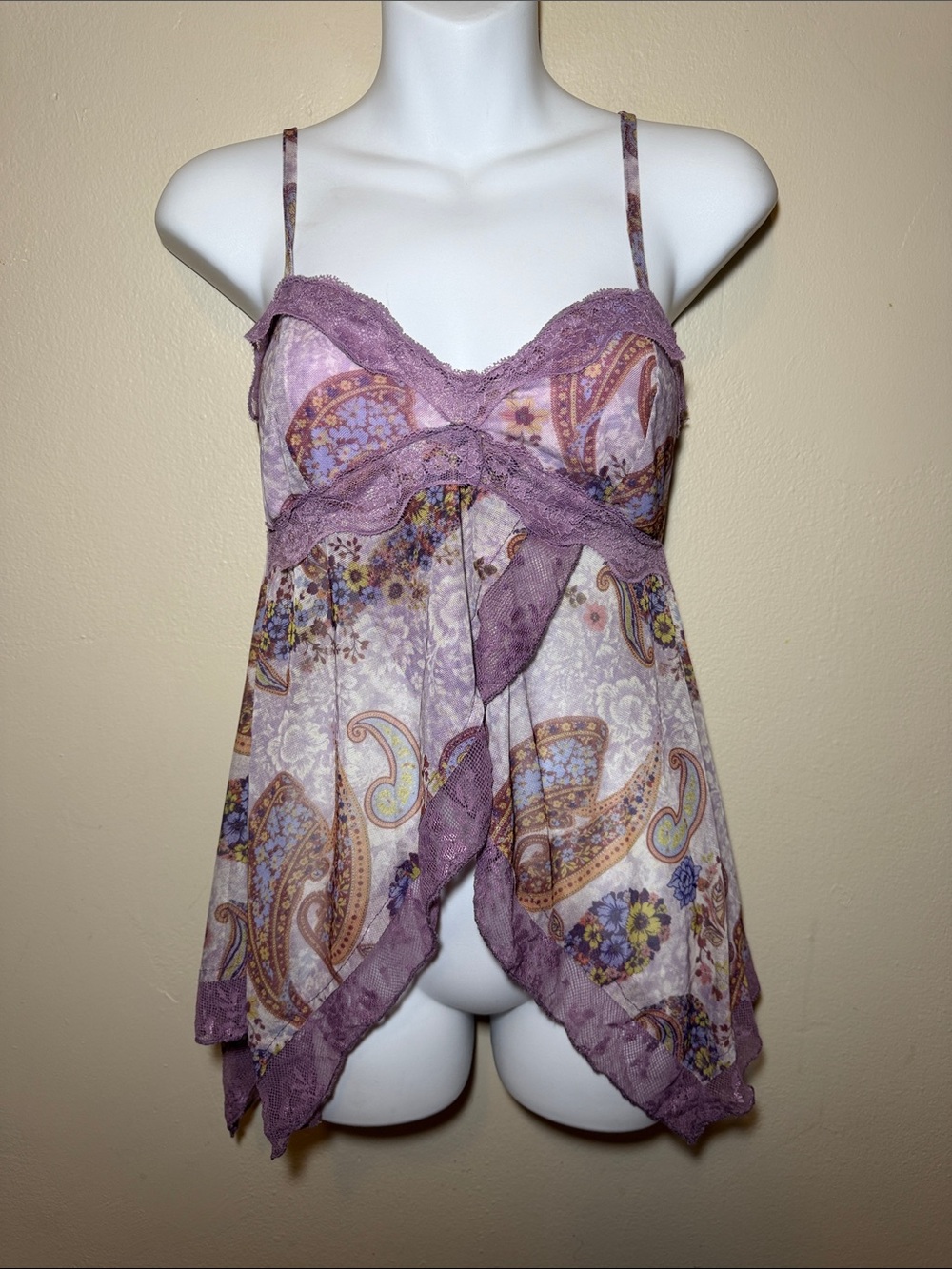 Lavender Paisley Lace-Trim Spaghetti Strap Cami Top